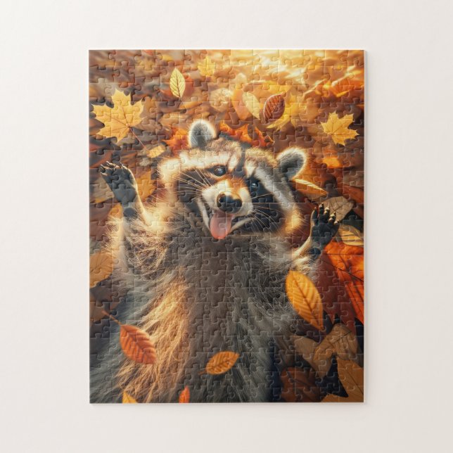 Racoon Playing in the Autumn Leaves Jigsaw Puzzle (Vertical)