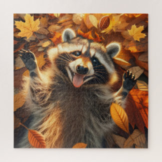 Racoon Playing in the Autumn Leaves Jigsaw Puzzle