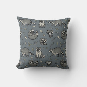 Racoon Print Pillow Cover Hand-Drawn Slate Grey