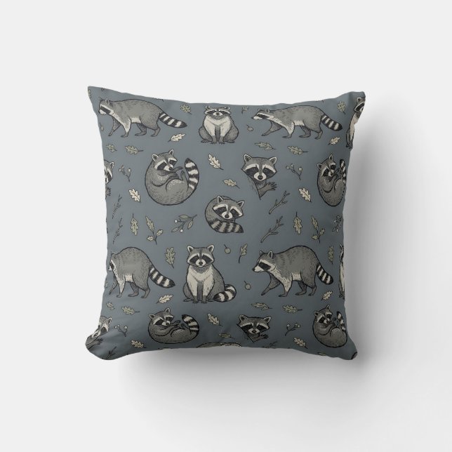 Racoon Print Pillow Cover Hand-Drawn Slate Grey (Front)
