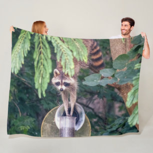 Racoon Raiding the Bird Feeder Fleece Blanket