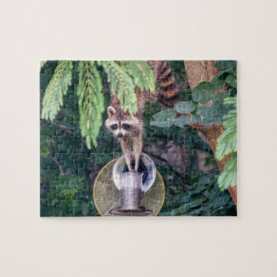 Racoon Raiding the Bird Feeder Jigsaw Puzzle