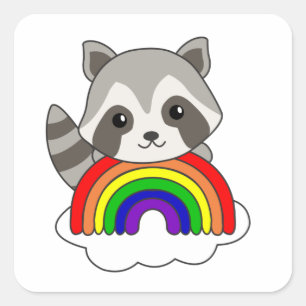 Racoon Rainbow Sweet Animals Colourful Racoon Square Sticker