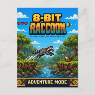 Racoon, Retro 8-Bit Pixel Art Postcard