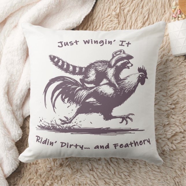 Racoon Riding Rooster – Barnyard Rodeo Cowboy Cushion (Blanket)