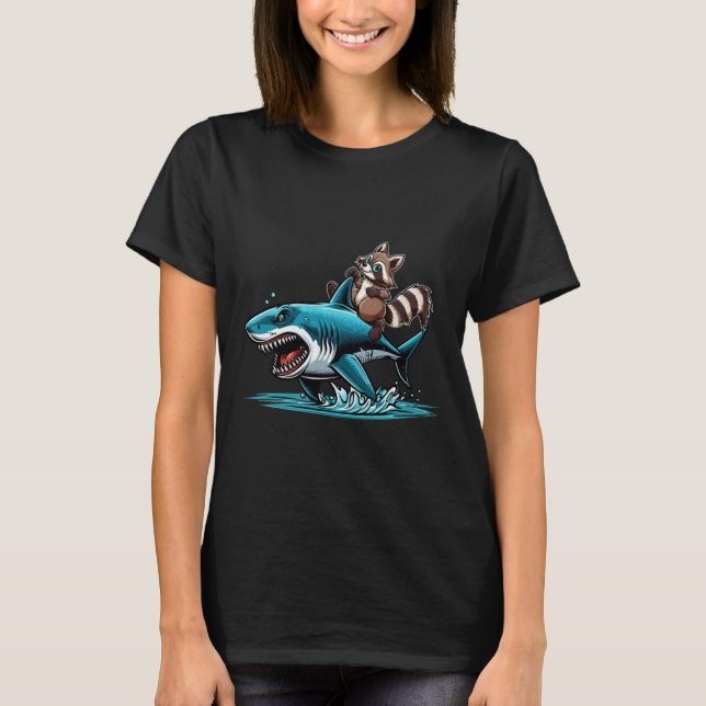 Racoon Riding Shark Costume Sea Animal Lover Kids T-Shirt (Front)