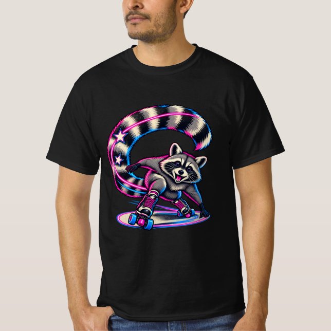 Racoon Roller Skating Neon Tail Arc T-Shirt (Front)