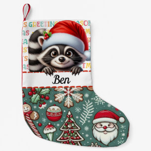 Racoon Santa with Seasons Greetings Design Small Christmas Stocking