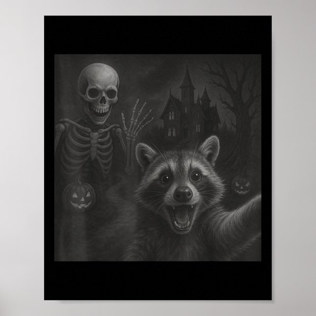 Racoon Selfie With Skeleton Funny Racoon Hallowe Poster (Front)