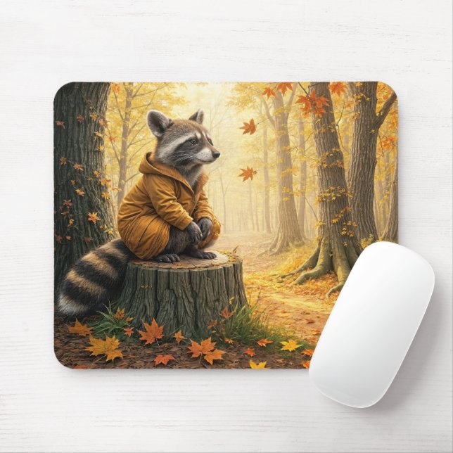 Racoon Sitting On a Tree Stump Mouse Pad (With Mouse)