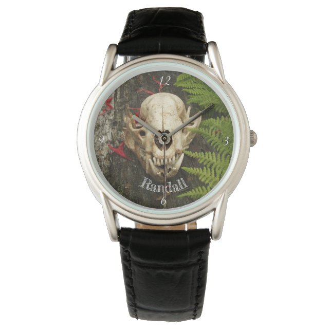 Racoon skull old log ferns & red bee balm petals watch (Front)