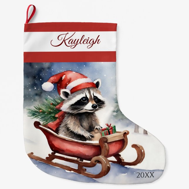 Racoon Sledding Large Christmas Stocking (Front)