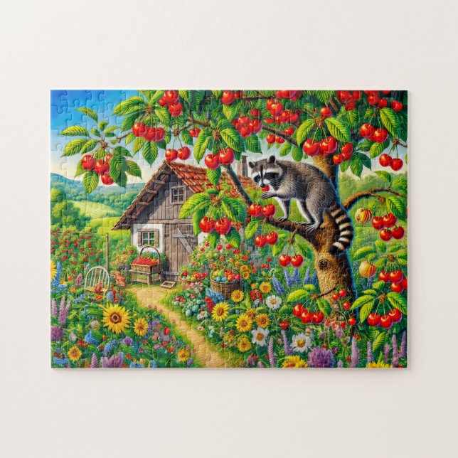 Racoon Snacking on Cherries in Old Cherry Tree Jigsaw Puzzle (Horizontal)