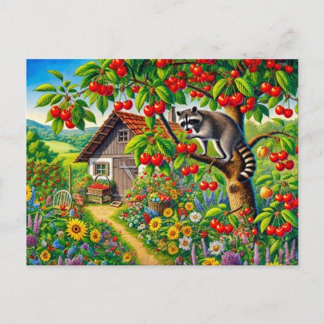 Racoon Snacking on Cherries in Old Cherry Tree Postcard (Front)