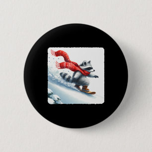 Racoon Snowboarding Down Hill In Red Scarf. Snowb 6 Cm Round Badge