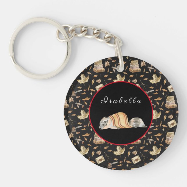 Racoon Sweet Fall Customise Text and Colour Key Ring (Front)