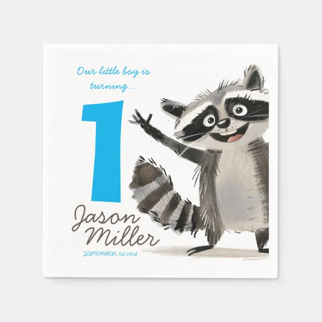 Racoon themed birthday party for babe turning 1  napkin (Front)