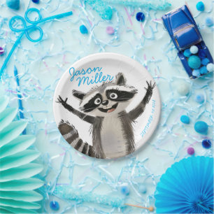 Racoon themed birthday party for baby turning 1 paper plate