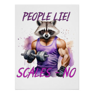 Racoon trainer, athlete, dumbbells poster