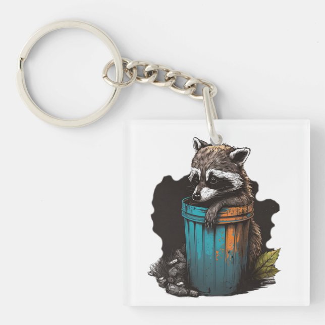Racoon trash panda with his trash can  key ring (Front)