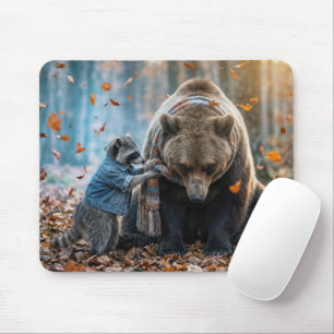 Racoon Tying a Scarf On a Bear Mouse Pad