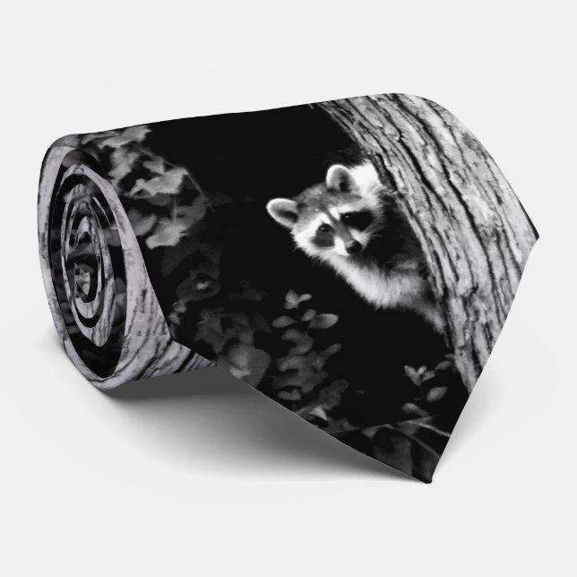 Racoon Up in a Tree Black and White Menswear Tie (Rolled)