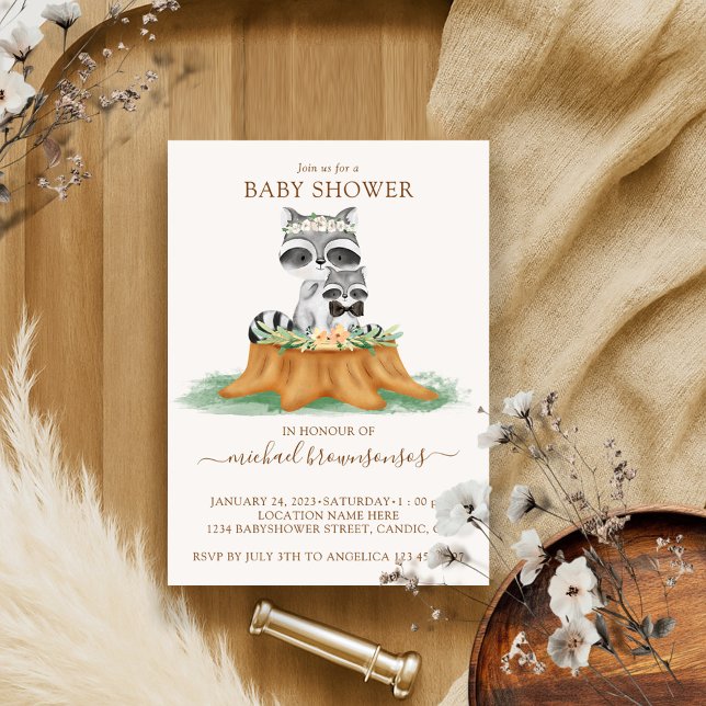 Racoon Watercolor Mummy Baby Boy Shower Invitation (Creator Uploaded)