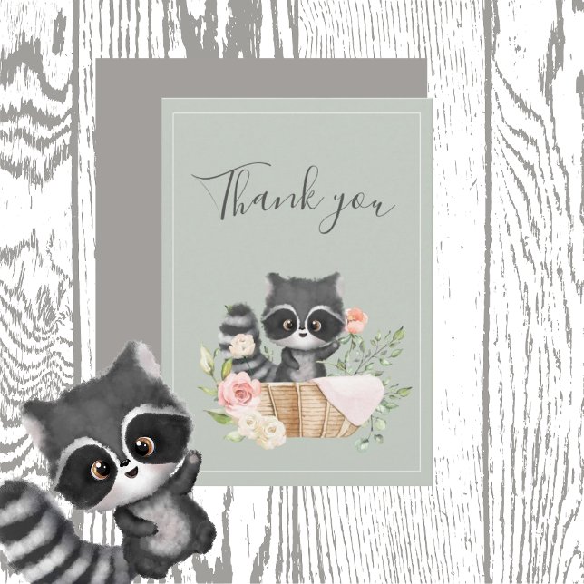 Racoon Watercolor Sage Green Baby Shower Thank You Card (Creator Uploaded)