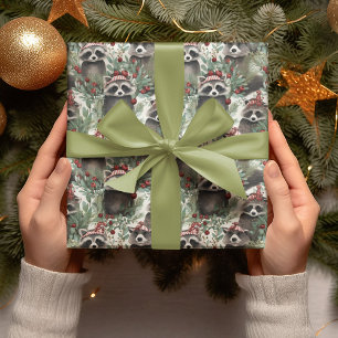 Racoon Wearing Hat Surrounded By Plants Christmas Wrapping Paper