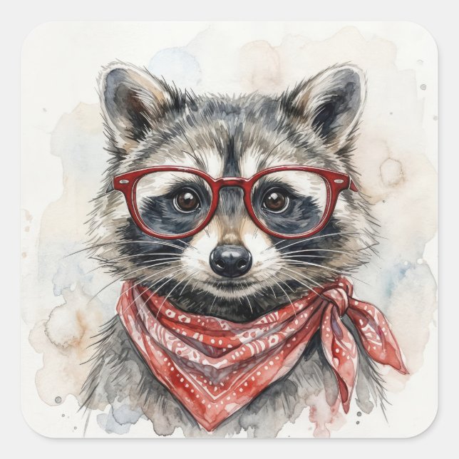Racoon Wearing Red Glasses Square Sticker (Front)