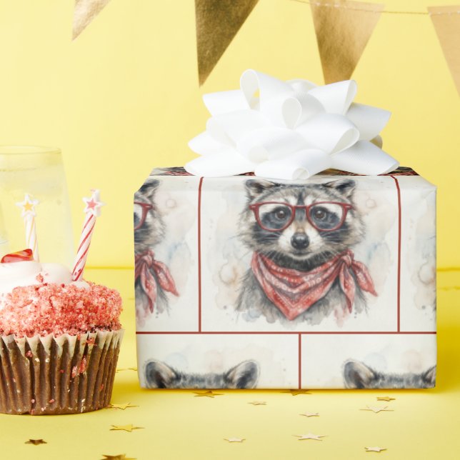 Racoon Wearing Red Glasses Wrapping Paper (Birthday Party)