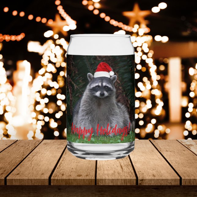 Racoon Wearing Red Santa Hat Holiday Can Glass (In Situ Holidays)