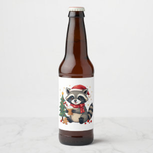Racoon Wearing Santa Hat For Christmas Holiday  Beer Bottle Label