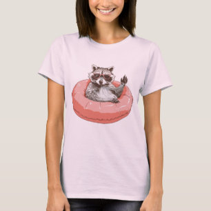 racoon wearing sunglasses in a pink swimming ring T-Shirt
