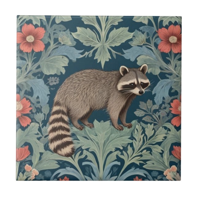 Racoon William Morris style Right Facing Floral Tile (Front)