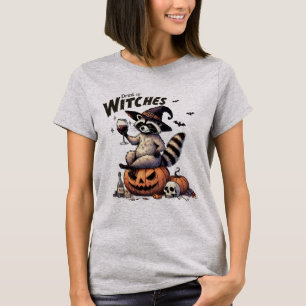 Racoon Witch Hat Drinking Up Halloween Skull T-Shirt