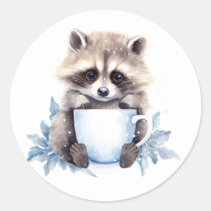 Racoon with a cup of coffee winter classic round sticker