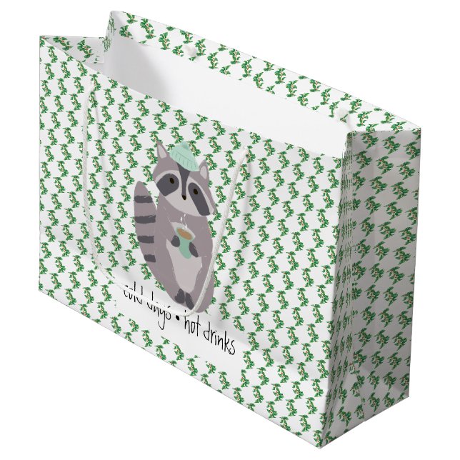 Racoon With A Hot Drink Large Gift Bag (Front Angled)
