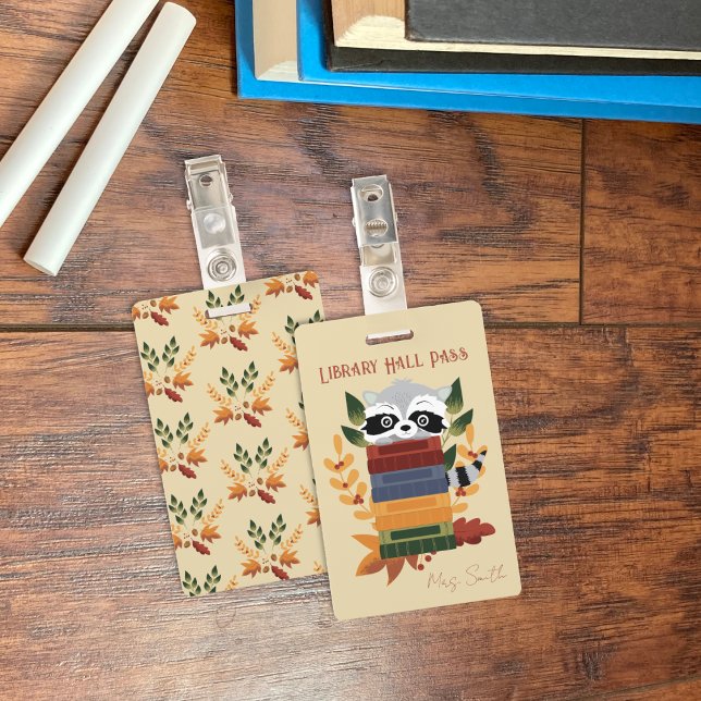Racoon With Books Library Hall Pass Badge ID Badge (Raccoon with books vertical library hall pass badge .)