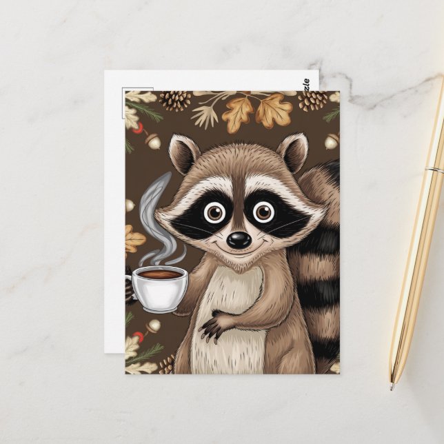 Racoon With Coffee Postcard (Front/Back In Situ)