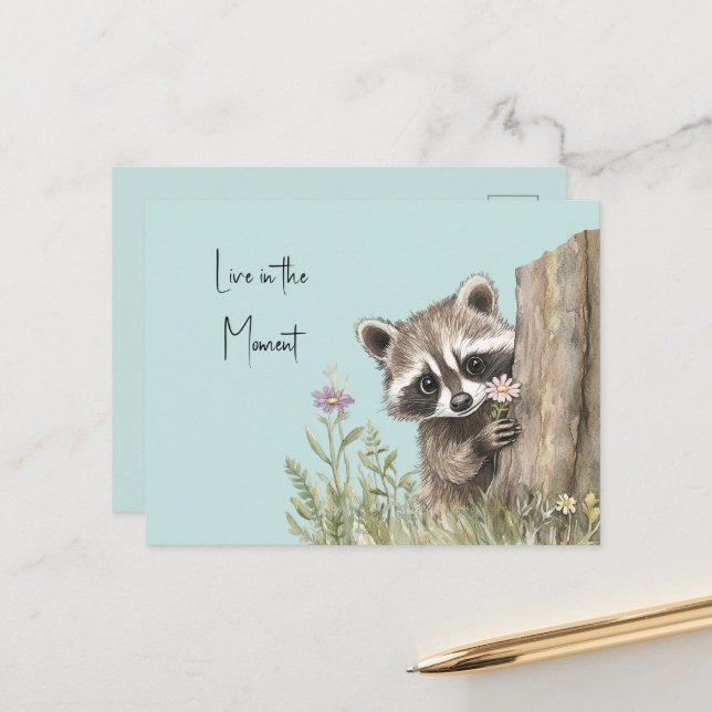 Racoon with Flower Postcard (Front/Back In Situ)
