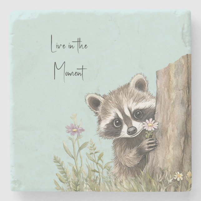 Racoon with Flower Stone Coaster (Front)