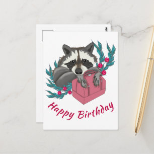 Racoon with flowers and a pink bag Happy birthday Postcard