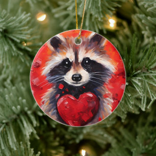 Racoon with hearts ceramic tree decoration