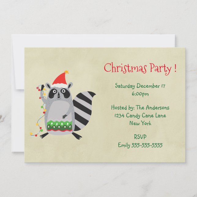 Racoon with Holiday Lights Christmas Party Invite (Front)