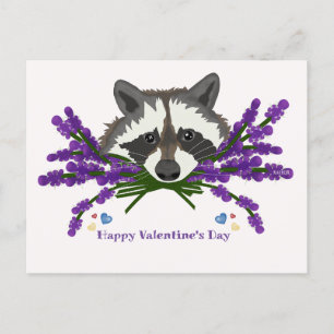 Racoon with lavender. Happy Valentine's Day Postcard