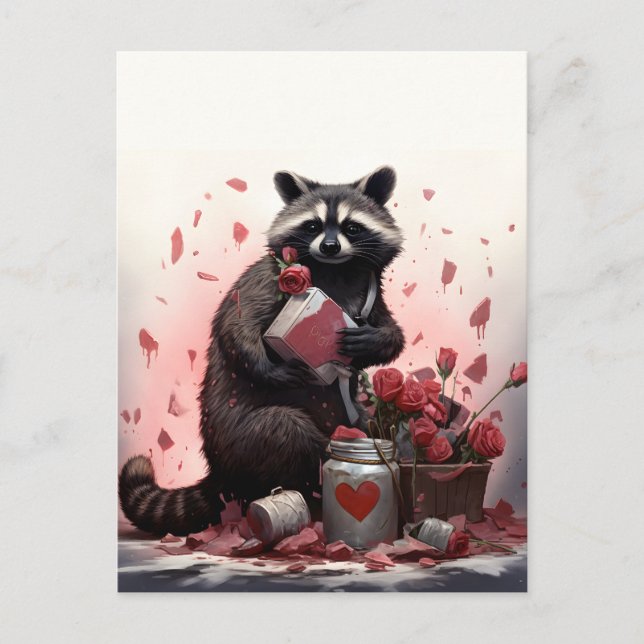 Racoon with Valentines day trash Postcard (Front)