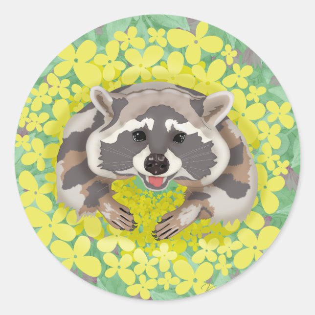 Racoon with yellow flowers. classic round sticker (Front)