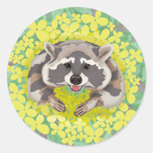 Racoon with yellow flowers. classic round sticker