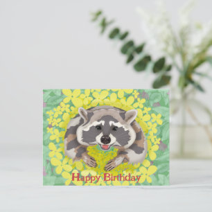 Racoon with yellow flowers. Happy Birthday Holiday Postcard